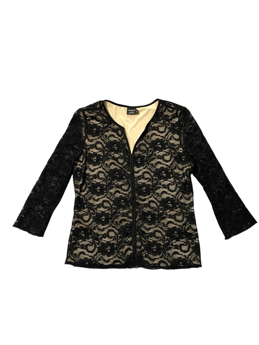 Tribal Black Floral Lace Top S Nude Lined 3/4 Sleeve Sheer Romantic Goth - Picture 7 of 9
